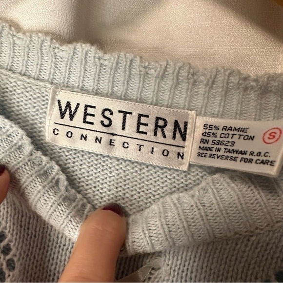 Vintage Western Connection Sweater Sz S Blue Pointelle Ribbon Bouquet Floral - Picture 5 of 10